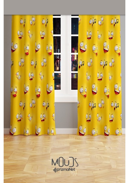 Sarı Emoji Desenli Fon Perde Genç Odası Oturma Odası Süet Baskılı Ekstrafor Büzgü 2 Kanat PRD-2014 fiyatları