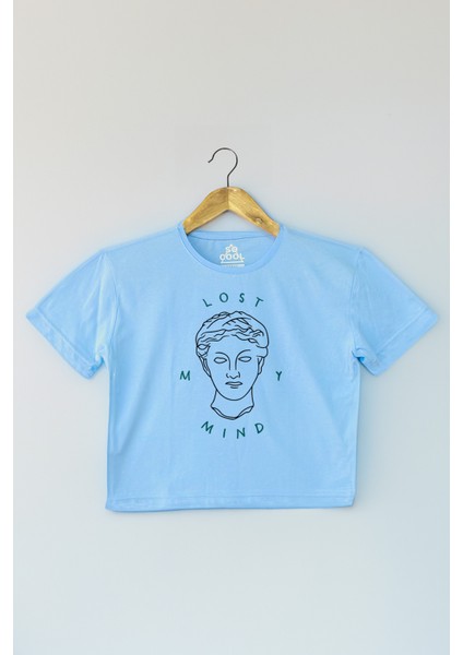 Light Blue Crop T-Shirt Lost My Mind Baskılı Açık Mavi Renk Kadın Tişört Baby Tee