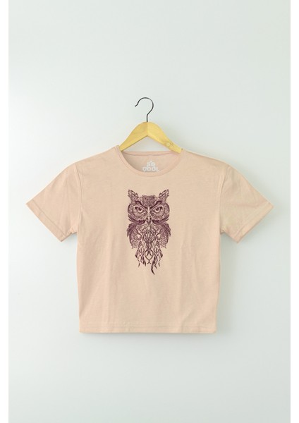 Bej Renk Crop T-Shirt Owl Baykuş Design Baskılı Kadın Tişört Baby Tee