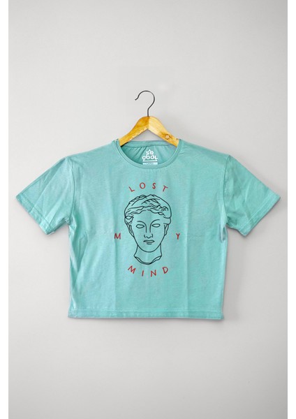 Mint Yeşil Renk Crop T-Shirt Lost My Mind Baskılı Kadın Tişört Baby Tee