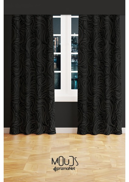 Gri Siyah Dalgalı Desenli Süet Oturma Odası Salon Fon Perde Baskılı Ekstrafor Büzgü 2 Kanat PRD-1061 fiyatları