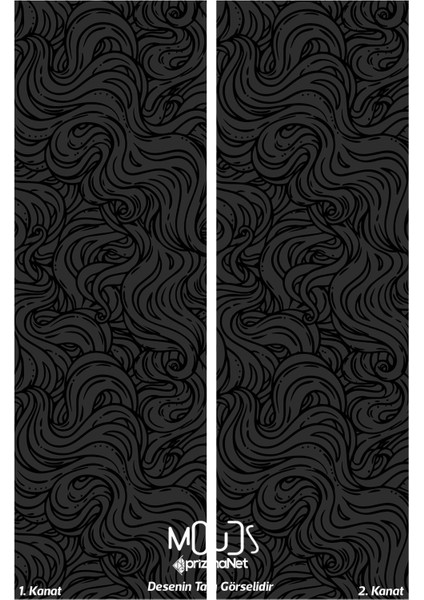 Gri Siyah Dalgalı Desenli Süet Oturma Odası Salon Fon Perde Baskılı Ekstrafor Büzgü 2 Kanat PRD-1061 modelleri