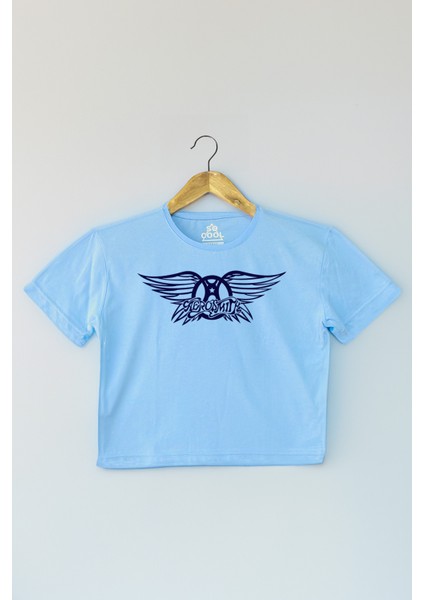 Light Blue Crop T-Shirt Aerosmith Black On Black Wings Baskılı Kadın Tişört Açık Mavi Renk Baby Tee