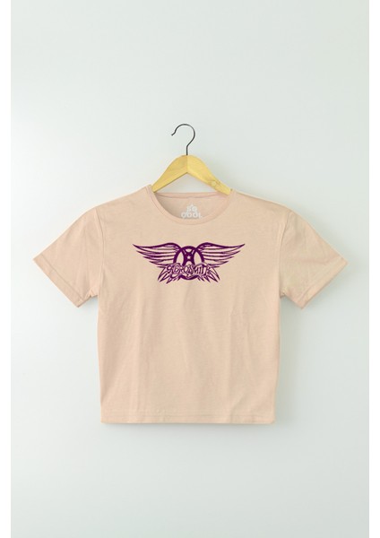 Bej Renk Crop T-Shirt Aerosmith Black On Black Wings Baskılı Kadın Tişört Baby Tee