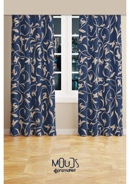 Navy Vintage 2 Desenli Süet Oturma Odası Salon Fon Perde Baskılı Ekstrafor Büzgü 2 Kanat PRD-1065