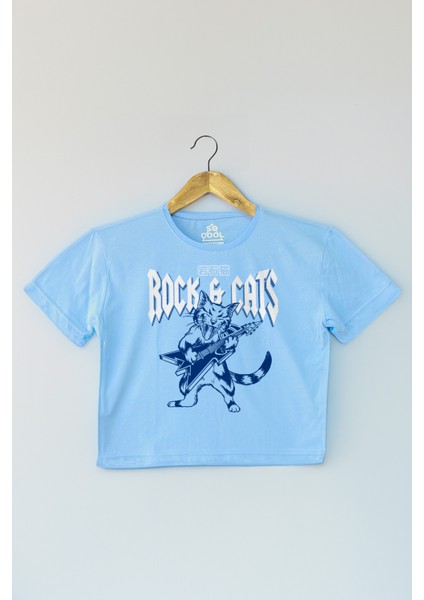 Meowtallica Rock Cat Metallica Gitar Kedi Light Blue Kadın Tişört Baby Tee Açık Mavi Crop T-Shirt