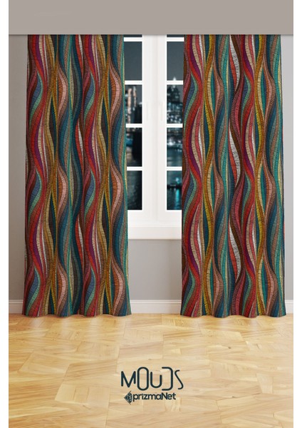 Renkli Çizgili Halı Desenli Süet Oturma Odası Salon Fon Perde Ekstrafor Büzgü 2 Kanat PRD-1010