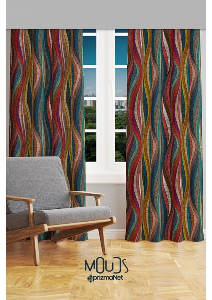 Renkli Çizgili Halı Desenli Süet Oturma Odası Salon Fon Perde Ekstrafor Büzgü 2 Kanat PRD-1010 fiyatları