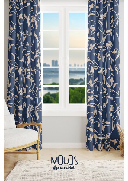 Navy Vintage 2 Desenli Süet Oturma Odası Salon Fon Perde Baskılı Ekstrafor Büzgü 2 Kanat PRD-1065
