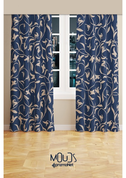 Navy Vintage 2 Desenli Süet Oturma Odası Salon Fon Perde Baskılı Ekstrafor Büzgü 2 Kanat PRD-1065