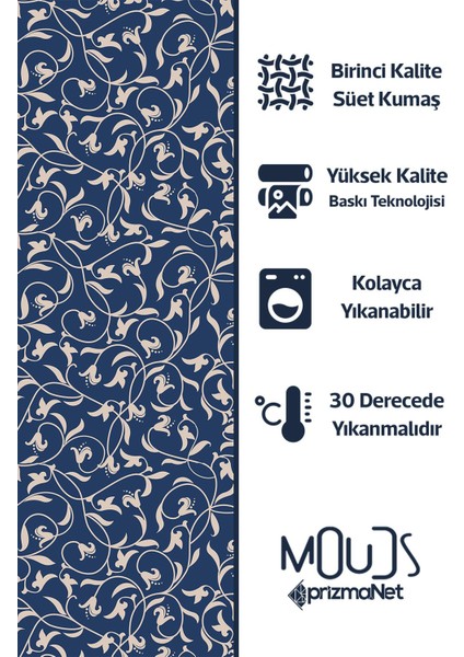Navy Vintage 2 Desenli Süet Oturma Odası Salon Fon Perde Baskılı Ekstrafor Büzgü 2 Kanat PRD-1065