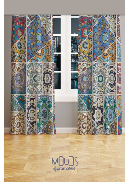 Mosque Tiles 4 Desenli Süet Oturma Odası Salon Fon Perde Baskılı Ekstrafor Büzgü 2 Kanat PRD-1087