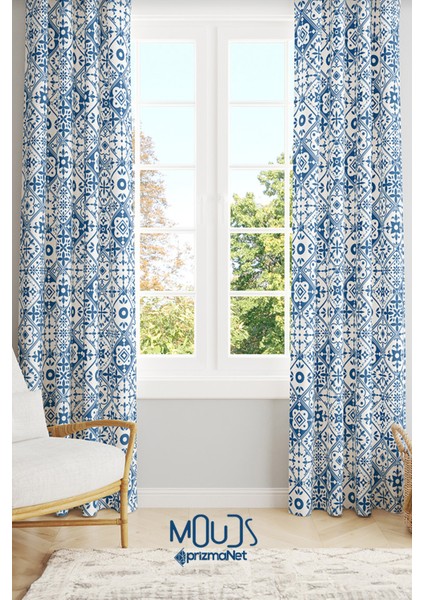 Turkey Ethnic Desenli Süet Oturma Odası Salon Fon Perde Baskılı Ekstrafor Büzgü 2 Kanat PRD-1085