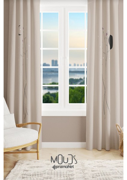 Bej Minimal Çiçek Desenli Süet Oturma Odası Salon Fon Perde Baskılı Ekstrafor Büzgü 2 Kanat PRD-1058