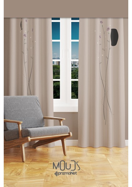 Bej Minimal Çiçek Desenli Süet Oturma Odası Salon Fon Perde Baskılı Ekstrafor Büzgü 2 Kanat PRD-1058
