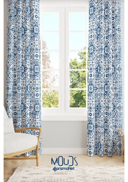 Turkey Ethnic Desenli Süet Oturma Odası Salon Fon Perde Baskılı Ekstrafor Büzgü 2 Kanat PRD-1085