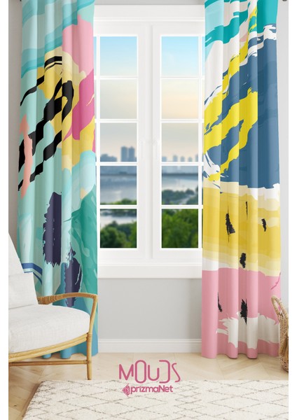 Brush Art 1 Desenli Süet Oturma Odası, Salon Fon Perde Baskılı Ekstrafor Büzgü 2 Kanat PRD-1003