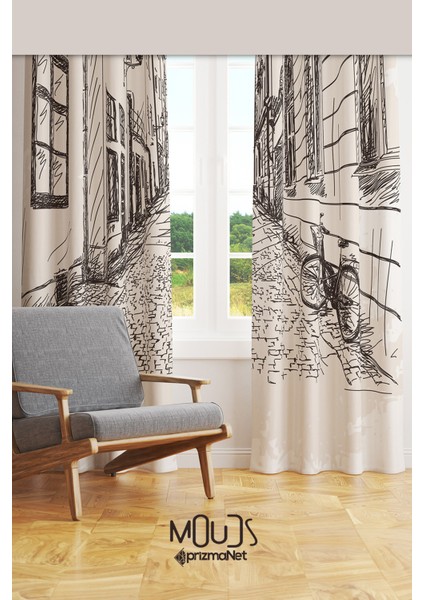 Sokak Eskiz Desenli Süet Oturma Odası Salon Fon Perde Baskılı Ekstrafor Büzgü 2 Kanat PRD-1046 fiyatları