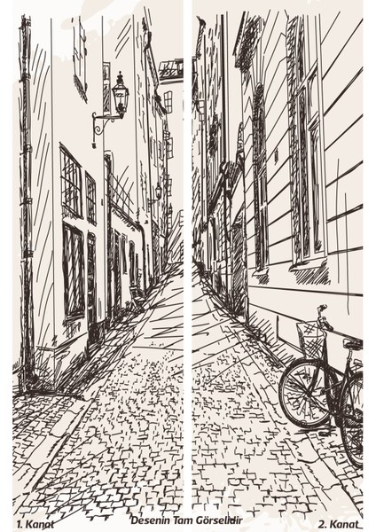 Sokak Eskiz Desenli Süet Oturma Odası Salon Fon Perde Baskılı Ekstrafor Büzgü 2 Kanat PRD-1046 modelleri