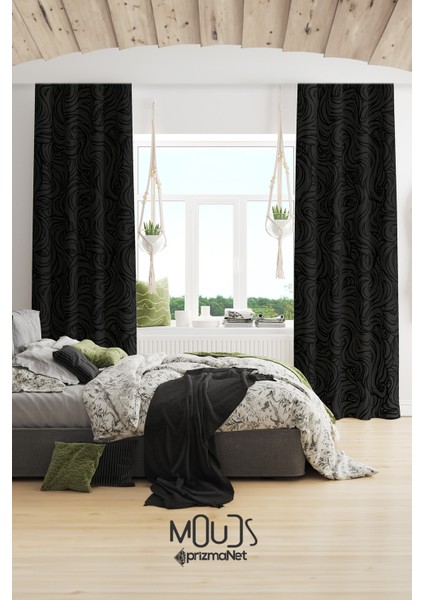 Gri Siyah Dalgalı Desenli Süet Oturma Odası Salon Fon Perde Baskılı Ekstrafor Büzgü 2 Kanat PRD-1061
