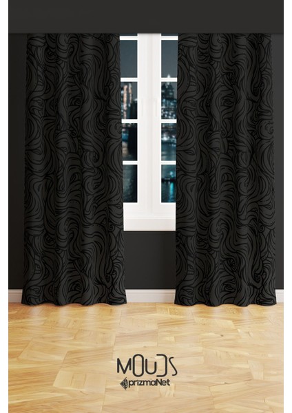 Gri Siyah Dalgalı Desenli Süet Oturma Odası Salon Fon Perde Baskılı Ekstrafor Büzgü 2 Kanat PRD-1061 fiyatları
