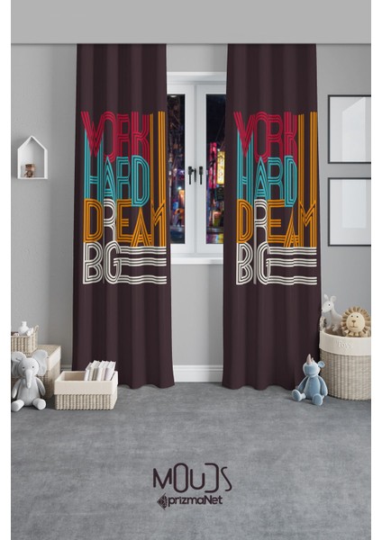 Big Dream Desenli Fon Perde Genç Odası Oturma Odası Süet Baskılı Ekstrafor Büzgü 2 Kanat PRD-2028