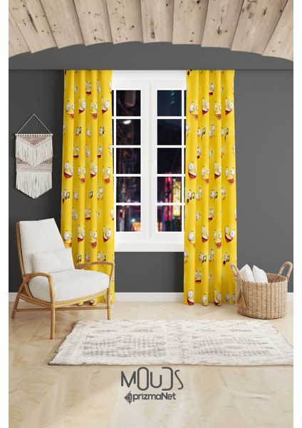 Sarı Emoji Desenli Fon Perde Genç Odası Oturma Odası Süet Baskılı Ekstrafor Büzgü 2 Kanat PRD-2014