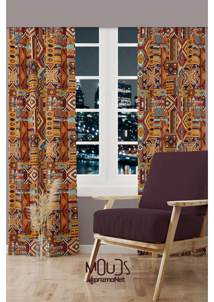 Ethnic Rugs Desenli Süet Oturma Odası Salon Fon Perde Baskılı Ekstrafor Büzgü 2 Kanat PRD-1019