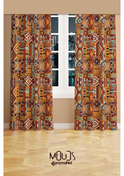 Ethnic Rugs Desenli Süet Oturma Odası Salon Fon Perde Baskılı Ekstrafor Büzgü 2 Kanat PRD-1019