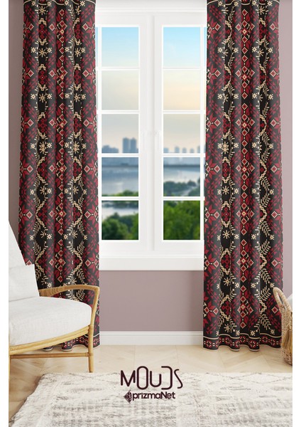 Anatolia 11 Desenli Süet Oturma Odası Salon Fon Perde Baskılı Ekstrafor Büzgü 2 Kanat PRD-1020