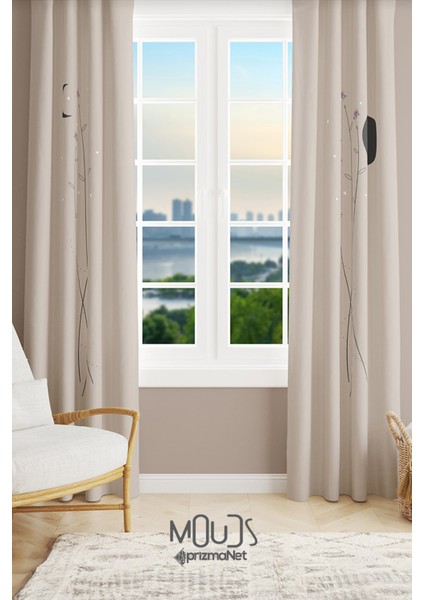 Bej Minimal Çiçek Desenli Süet Oturma Odası Salon Fon Perde Baskılı Ekstrafor Büzgü 2 Kanat PRD-1058