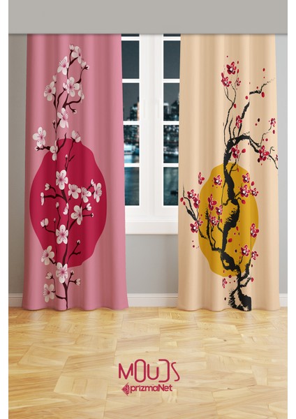 Blossom Japan 1 Desenli Süet Oturma Odası Salon Fon Perde Baskılı Ekstrafor Büzgü 2 Kanat PRD-1106