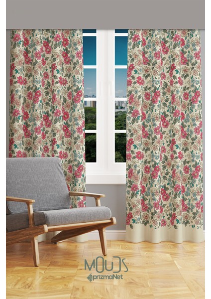 Retro Çiçek Desenli Süet Oturma Odası Salon Fon Perde Baskılı Ekstrafor Büzgü 2 Kanat PRD-1038