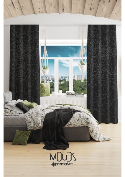 Grey Crystal Desenli Süet Oturma Odası Salon Fon Perde Baskılı Ekstrafor Büzgü 2 Kanat PRD-1079