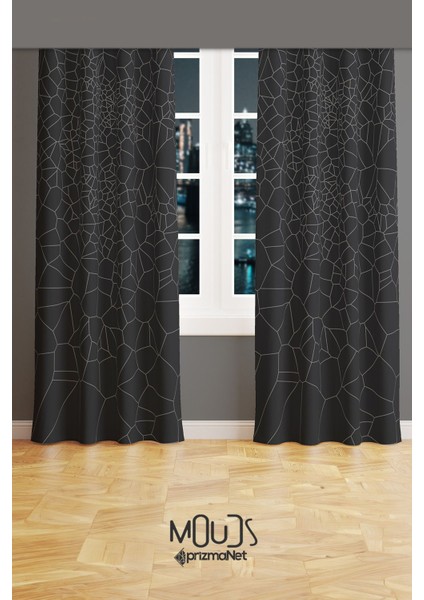 Grey Crystal Desenli Süet Oturma Odası Salon Fon Perde Baskılı Ekstrafor Büzgü 2 Kanat PRD-1079