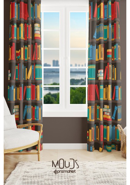 Kitaplık Desenli Süet Oturma Odası Salon Fon Perde Baskılı Ekstrafor Büzgü 2 Kanat PRD-1098