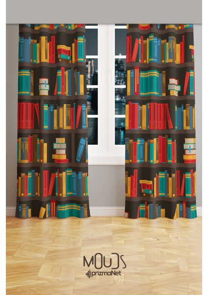 Kitaplık Desenli Süet Oturma Odası Salon Fon Perde Baskılı Ekstrafor Büzgü 2 Kanat PRD-1098 fiyatları