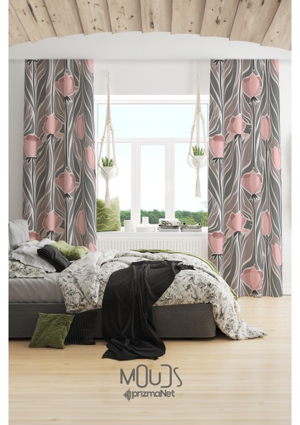 Mirror Flowers 1 Desenli Süet Oturma Odası Salon Fon Perde Baskılı Ekstrafor Büzgü 2 Kanat PRD-1063