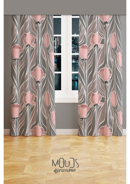 Mirror Flowers 1 Desenli Süet Oturma Odası Salon Fon Perde Baskılı Ekstrafor Büzgü 2 Kanat PRD-1063