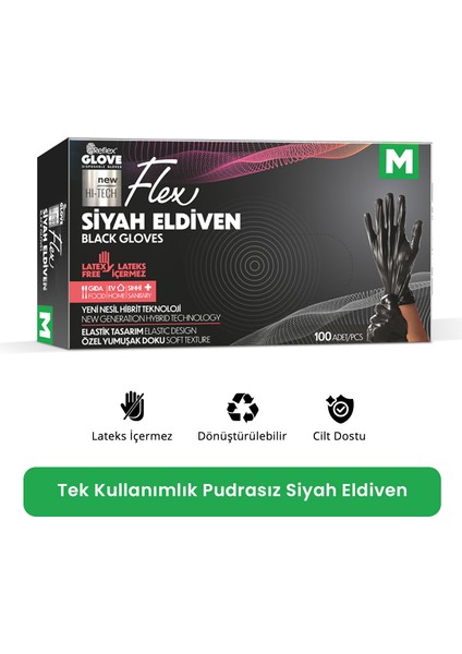 Flex Eldiven Tek Kullanımlık Pudrasız Siyah M Beden Eldiven 100’lü