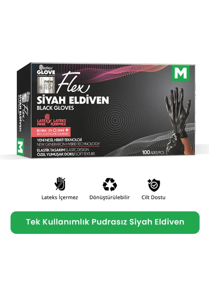 Flex Eldiven Tek Kullanımlık Pudrasız Siyah M Beden Eldiven 100’lü