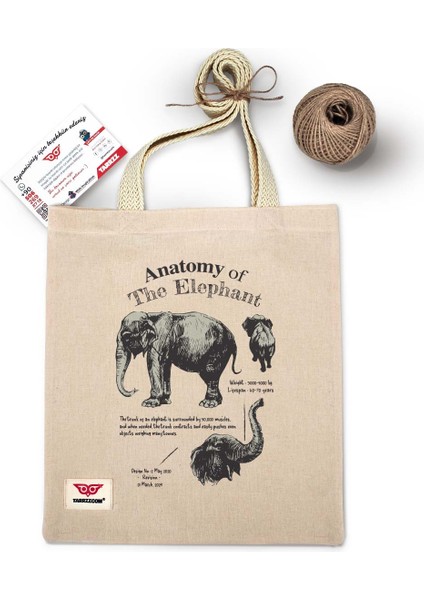 Ham Bez Çanta Tote Bag The Elephant Anatomy, Dokuma Saplı Kadın Omuz Çantası
