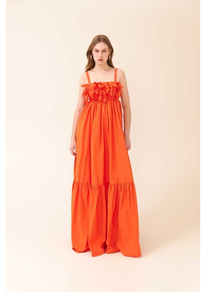 Büzgülü Maksi Boy Tafta Elbise Oranj Y2431305_011