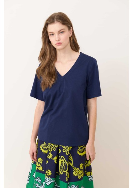 V Yaka T-Shirt Lacivert Y2423820_015