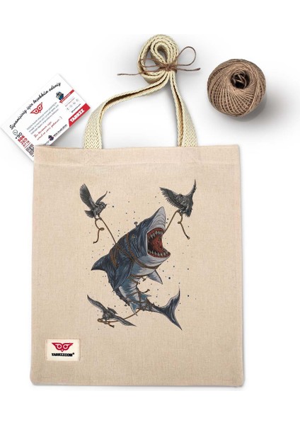 Ham Bez Çanta Tote Bag Köpekbalığı ve Baykuş, Dokuma Saplı Kadın Omuz Çantası