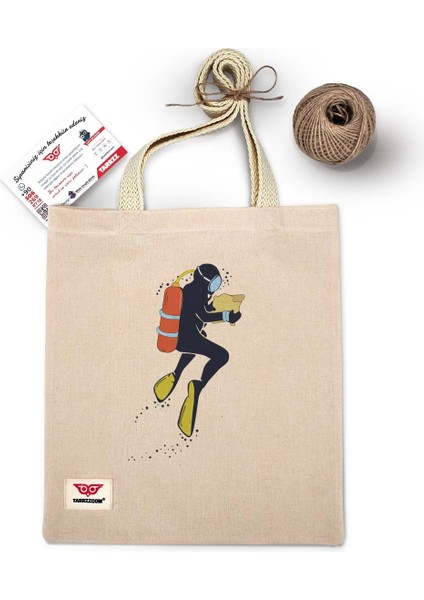 Ham Bez Çanta Tote Bag Balık Adam, Dokuma Saplı Kadın Omuz Çantası