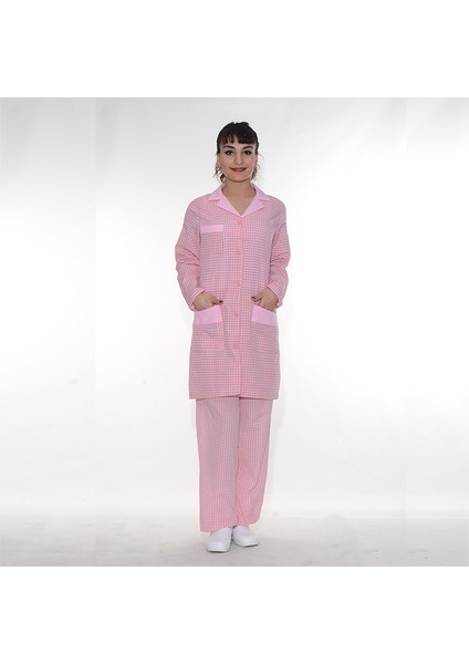 Temizlik Önlük Apaj Yaka Zefir Pembe Beyaz