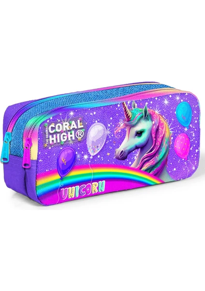 Coral High Kids Mor Pembe Simli Unicorn Desenli Iki Bölmeli Kalem Çantası 12073