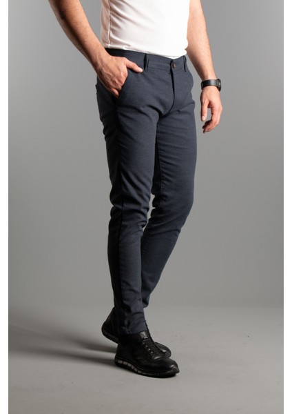 Erkek Lacivert Dokulu Kanvas Keten Pantolon