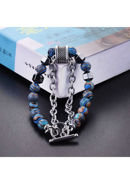 21CM Tarzı No.4 Boyutu Erkek Takı Charm Paslanmaz Çelik Bilezik Erkekler Için Malakit Siyah Obsidyen Kaplan Gözü Taş Boncuklu Hip Hop Takı Pulseras (Yurt Dışından)